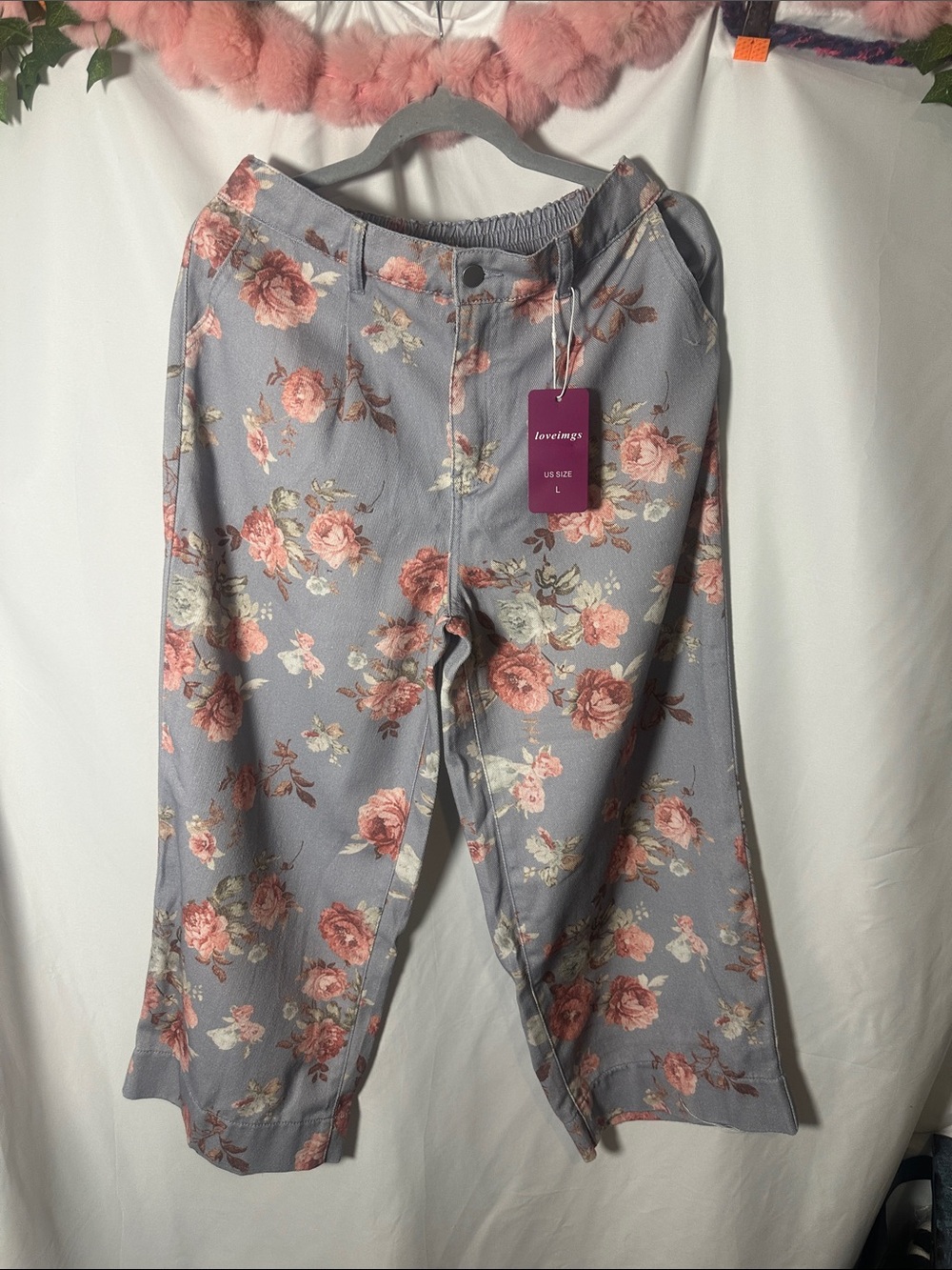 Loveimgs Women’s Gray Floral Cropped Wide-Leg Pants - Pink Rose Print
